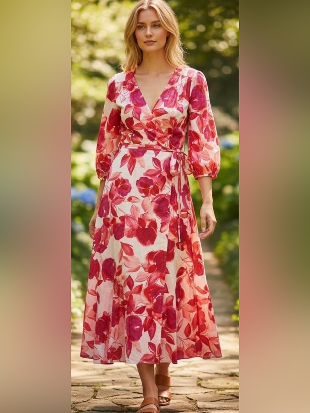 NWT size 16W Calvin Klein Hibiscus Multi Floral Wrap Dress Puff Sleeve Cotton